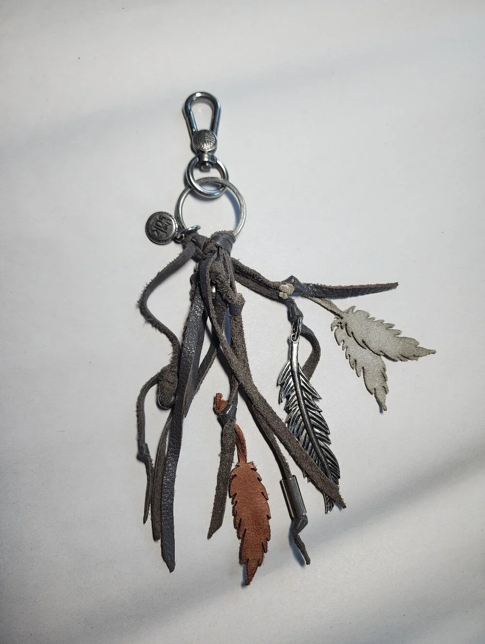 The Sak Leather Feather Tassel Keychain Charm Gray, White & Brown Bohemian